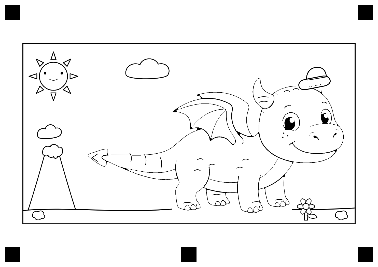 The free colouring page: Tito the dragon in front of the volcano.